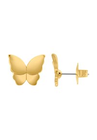 Goldene Schmetterling-Stiftohrringe mit glatten Akzenten und polierter Oberfläche. Verfügt über eine Pin-Back für sicheren Sitz. Abmessungen sind nicht angegeben.