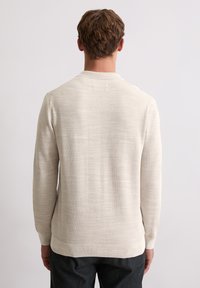 Hellbeige Strickpullover mit langen Ärmeln, geripptem Saum und strukturiertem Muster. Hat einen klassischen Rundhalsausschnitt und dezente Details auf der Rückseite.
