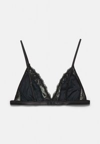 Sort blonder bralette med trekantede skåle, gennemsigtigt stof, bølget kant og tynde justerbare stropper. Glat bånd med hægtespænde bagpå.