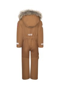 Bruine waterdichte sneeuwoverall met een bontgevoerd capuchon, elastische taille, witte accenten en een zijzak, ontworpen voor draagcomfort in koude weersomstandigheden.