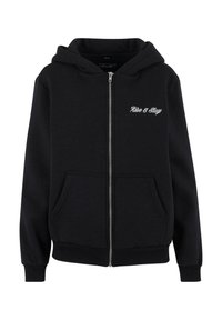 Zwarte zip-up hoodie gemaakt van een katoenmix. Het heeft een voorste kangoeroezak, ribgebreide manchetten en het borduursel "Rise & Slay" op de borst.