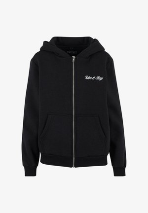 Sort zip-hoodie lavet af bomuldsblandingsstof. Den har en frontkangaroo-lomme, ribbede manchetter og "Rise & Slay" broderi på brystet.
