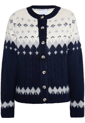 Cardigan navy y crema con cierre de botones, que presenta un patrón geométrico, textura de punto cableado y puños y dobladillo acanalados.