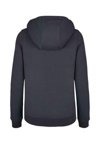 Temno siva pulover kapa z kengurujskim žepom, rebrastim manšetami in robom. Ima zaobljeno kapuco in gladko teksturo iz bombažne mešanice.