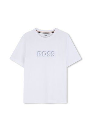 T-shirt blanc à manches courtes avec un logo texte flou bleu "BOSS" imprimé au centre devant et une encolure ronde.