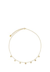 Halskette aus Gold mit kleinen, gleichmäßig verteilten, sonnengestaltigen Anhängern entlang der gesamten Länge, mit einem Karabinerverschluss und verstellbarer Länge.