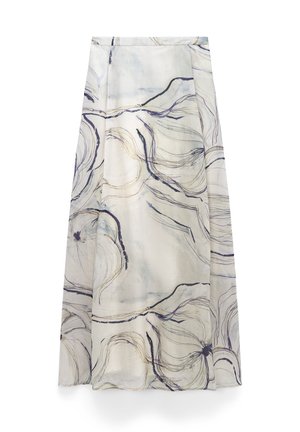 Licht crèmekleurige midi-rok met abstracte grote bloemmotieven in lijntekening in tinten blauw en beige, met een rechte, licht uitlopende snit.