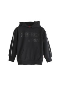Sudadera con capucha negra con un gráfico en relieve de "SUPERGA sport". Cuenta con un bolsillo tipo canguro y acentos de franjas blancas en las mangas.