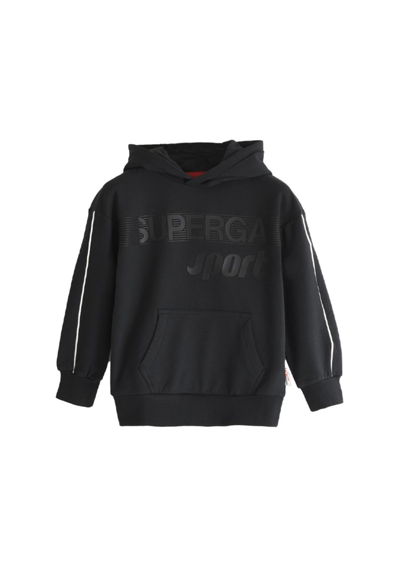 Sudadera con capucha negra con un gráfico en relieve de "SUPERGA sport". Cuenta con un bolsillo tipo canguro y acentos de franjas blancas en las mangas.