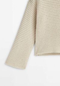 Pull beige à manches longues en crochet avec un motif texturé à mailles ajourées et un ourlet droit sur fond blanc.