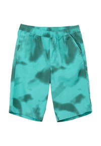 Turkusowe kąpielówki z wzorem tie-dye, elastycznym pasem, bocznymi kieszeniami oraz gładkim, lekkim materiałem.
