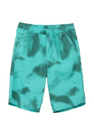 Shorts de bain turquoise avec un motif tie-dye, taille élastique, poches latérales et un tissu léger et lisse.