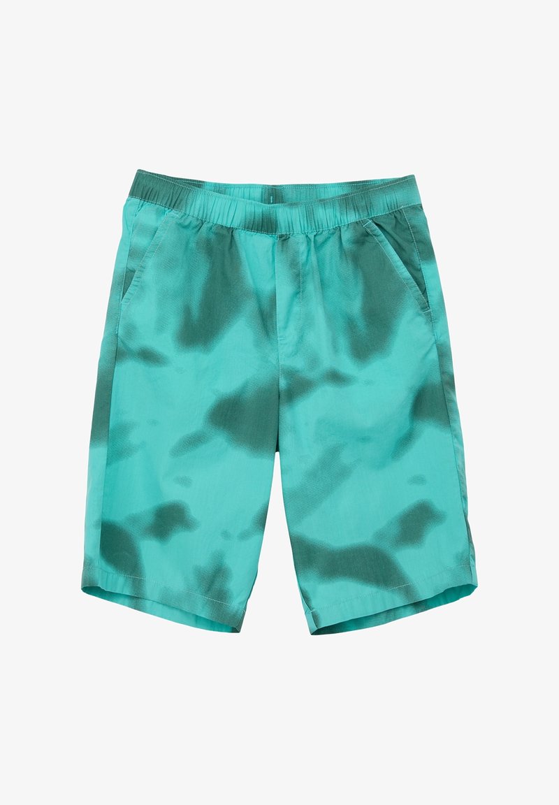 Türaquinfarbene Badehosen mit Batikmuster, elastischem Bund, seitlichen Taschen und einem glatten, leichten Stoff.