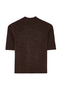 Pull à manches courtes et col montant en marron foncé, fabriqué en tissu texturé avec des accents côtelés au col et à l'ourlet pour plus de détails.