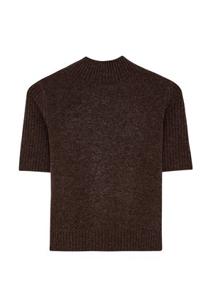 Short-sleeved, high-neck sweater in dark brown, made of textured fabric with ribbed accents at the collar and hem for added detail.