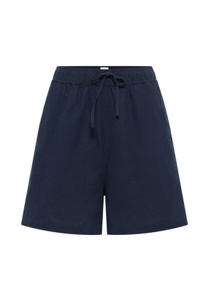 Navy blue linen shorts with an elastic waistband and drawstring, featuring a straight cut and smooth texture. Minimalist design, no patterns.