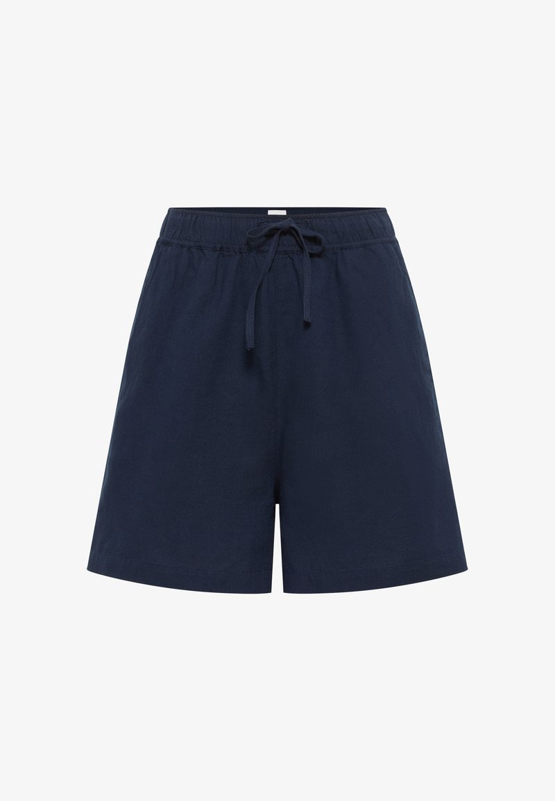 Navy blue linen shorts with an elastic waistband and drawstring, featuring a straight cut and smooth texture. Minimalist design, no patterns.