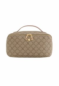 Rektangulær beige toilettaske med gentagende brunt cirkulært mønster, guld lynlås med to træk, og et lille håndtag på toppen.