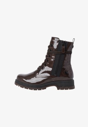 Brown patent leather ankle boot with front laces, side zipper, textured black accents, and rugged sole for traction.