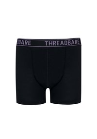 Boxer in nero realizzati in tessuto morbido, con una cintura elastica nera e viola a contrasto che presenta "THREADBARE" in lettere maiuscole.