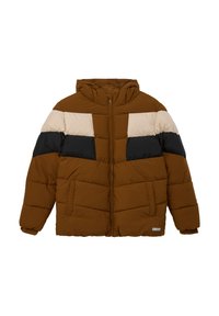 Gevoerde bruine jas met capuchon, voorzien van een horizontaal kleurblokontwerp in beige, donkerbruin en zwart. Rits aan de voorkant en zijzakken.