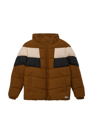 Gevoerde bruine jas met capuchon, voorzien van een horizontaal kleurblokontwerp in beige, donkerbruin en zwart. Rits aan de voorkant en zijzakken.