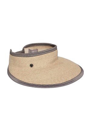 Wide-brimmed beige straw visor hat with grey trim and small black logo on the side, open top for ventilation.