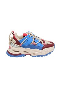 Sneakers chunky in blu, beige e bordeaux, realizzati con materiali in rete e sintetici, dotati di lacci, una linguetta e dettagli testurizzati sulla suola.