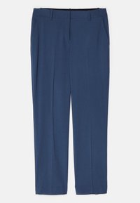 Pantaloni blu su misura con frontale piatto, tasche laterali e una texture liscia, caratterizzati da un design classico a gamba dritta.