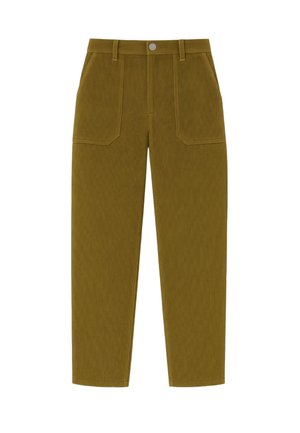 Pantaloni in velluto a coste verde oliva con taglio dritto, dotati di due tasche anteriori e chiusura con bottone metallico. Tessuto testurizzato con righe verticali.