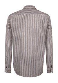 Bruine en witte gestreepte overhemd met lange mouwen en een button-down kraag, voorzien van boorden met twee knopen en een afgeronde zoom. Textuurstof.