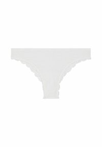 Thong alb de dantelă cu margini zimțate, realizat dintr-un material moale. Prezintă o dantelă delicată pe talie și la deschiderea picioarelor.