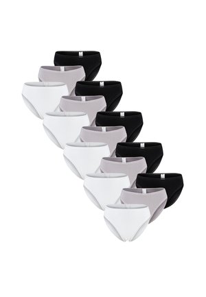Pakke med kvinders briefs i hvid, grå og sort. Fremstillet af glat stof med elastiske taljebånd og minimal syning. Klassisk skæringsdesign.