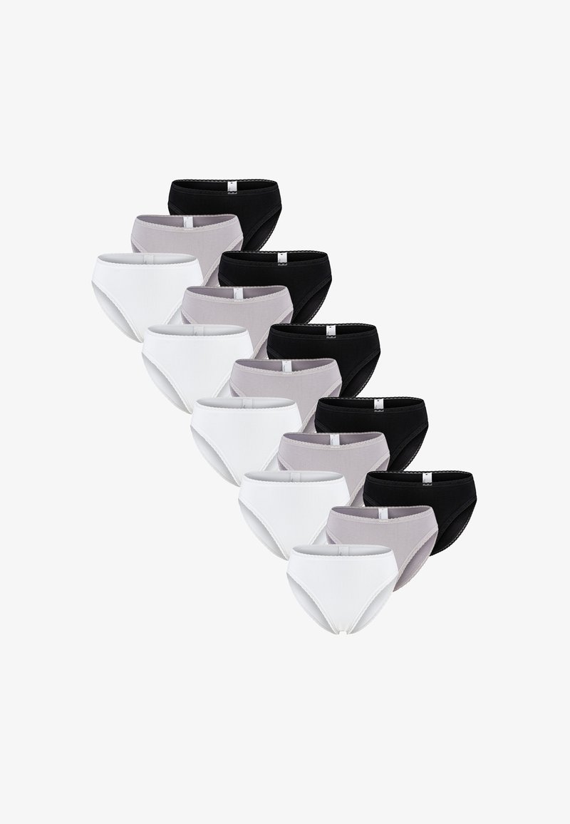 Pakke med kvinders briefs i hvid, grå og sort. Fremstillet af glat stof med elastiske taljebånd og minimal syning. Klassisk skæringsdesign.
