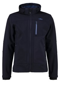 Veste softshell marine avec capuche, munie d'une poche zippée sur la poitrine, de poches latérales et de poignets élastiques. Texture lisse et coupe ajustée.