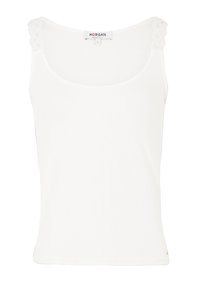 White tank top made of ribbed fabric, featuring lace accents on shoulder straps, scoop neckline, and a fitted shape.