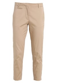 Beiga skräddarsydda byxor med en slät yta, smal passform, framfickor och bälteshällor. Inga synliga mönster eller hårda detaljer.