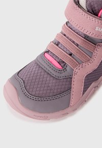 Purple and pink shoe featuring a textured mesh upper, rubber sole, elastic laces, and a Velcro strap for secure fit.