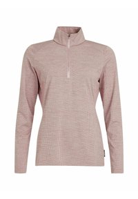 Lyserød, langærmet top med kvart-lynlås og mønstret tekstur, med en opretstående krave og en lille logo foran til venstre.