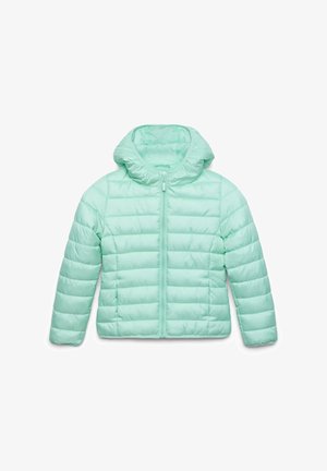 Giacca imbottita verde menta con cappuccio, dotata di cerniera frontale e design a pannelli cuciti. Materiale liscio e leggero.