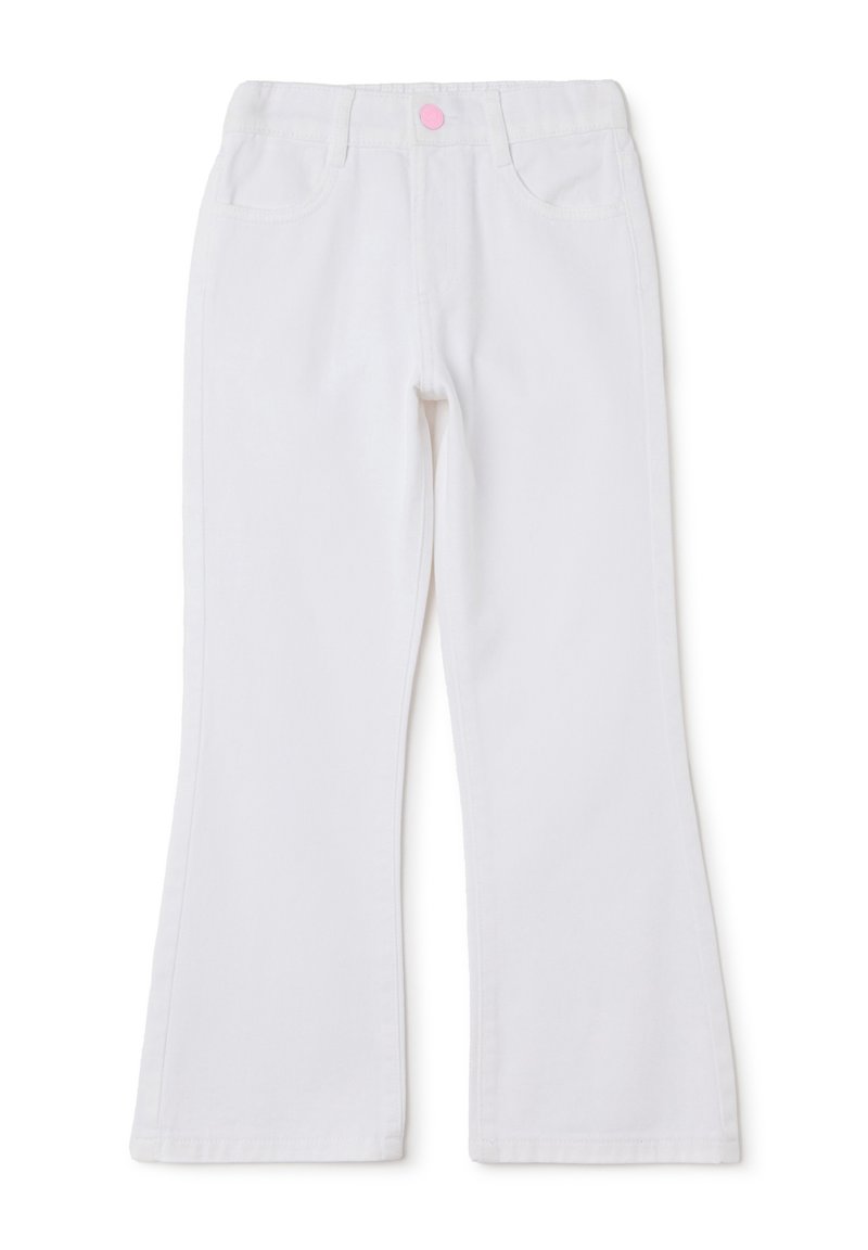 Witte denim flared broek met een roze knoop, voorzien van voorzakken en gestikte randen. Gladde textuur en een middelhoge pasvorm voor comfort.