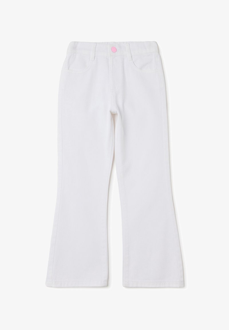 Witte denim flared broek met een roze knoop, voorzien van voorzakken en gestikte randen. Gladde textuur en een middelhoge pasvorm voor comfort.
