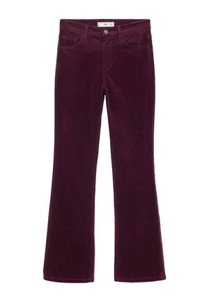 Bordeaux corduroy flared pants with five pockets, subtle texture, and a front button closure. Classic design with a straight leg finish.