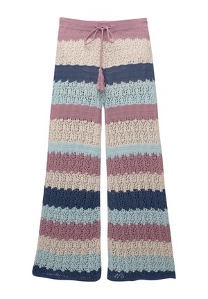 Pantalons larges au crochet avec un motif rayé en rose poussiéreux, crème, bleu clair et bleu marine. Taille élastique avec cordon de serrage.