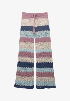 Crochet wide-leg pants featuring a striped pattern in dusty rose, cream, light blue, and navy. Elastic waist with drawstring detail.