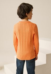 Oranger Kabelstrickpullover mit Rundhalsausschnitt, langen Ärmeln und gerippten Bündchen. Über dunkelblauen Jeans getragen, von hinten gesehen.