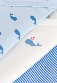 Tre pezzi di tessuto: uno azzurro chiaro con piccoli motivi di balene, uno bianco con una grafica di balena e uno a righe blu e bianche. Texture di cotone.
