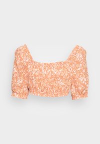 Top cropped com padrão floral em laranja claro, apresentando mangas bufantes, um decote quadrado e elástico franzido na cintura.