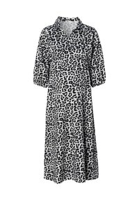 Grijs en zwarte zwangerschapsjurk met luipaardprint, voorzien van een kraag en driekwartmouwen, met een relaxte pasvorm en een gathered taille.