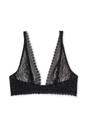 Czarny koronkowy biustonosz typu bralette z głębokim dekoltem w kształcie litery V, falistymi brzegami, kwiatowym wzorem koronki i szerokim elastycznym pasem pod biustem na białym tle.